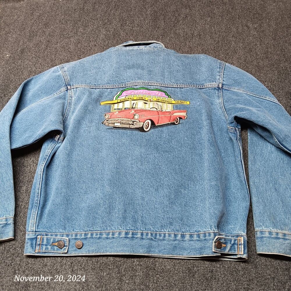 Vintage Car Embroidered Denim Bomber Jacket